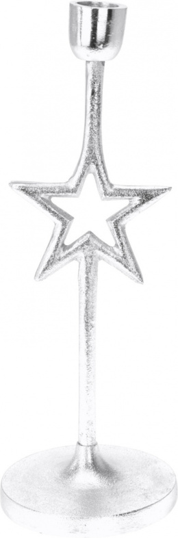 Świecznik metalowy gwiazdka na świecę 28cm srebrny (011030) fi10cm
