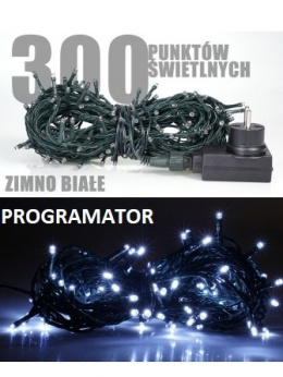 Lampki diody 300 LED +program. 8f. wew/zew transf. (LZ-ECO-LED-300+PR) dł.29,9m dioda co 10cm + przyłącze 1,6m